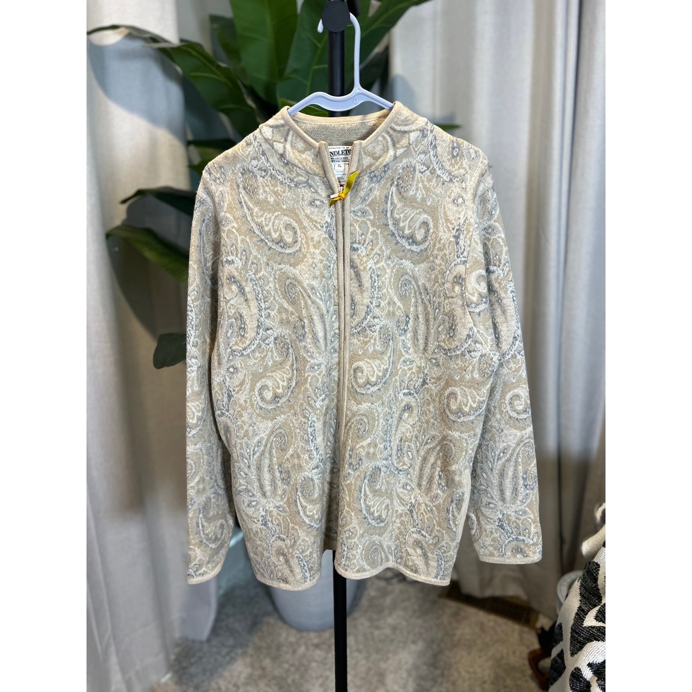 Pendleton Women XL Merino Wool Full Zip Paisley Cardigan Sweater Beige Grey Mock